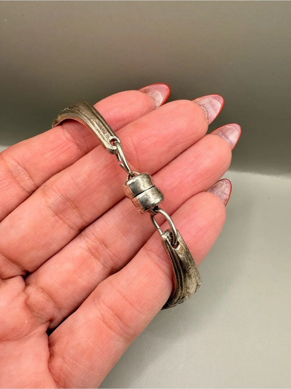 Handmade Silver-Tone Spoon Style Bracelet Floral Scrollwork 7.5”